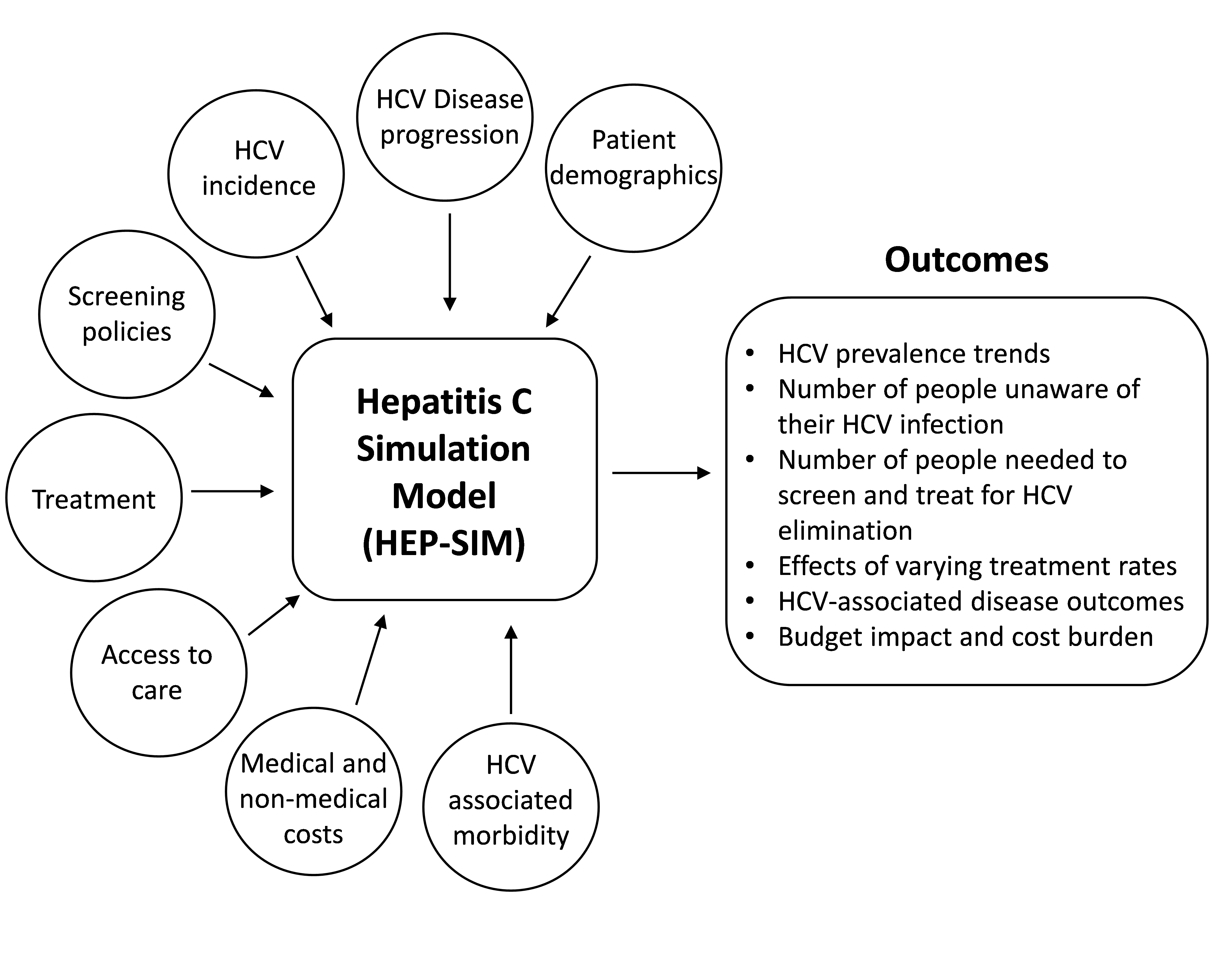 Schematic showing the key components and outcomes of HEP-SIM model.